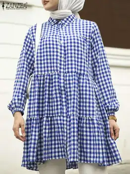 2023 ZANZEA Дамски карирани блузи Ейд Мубарек мюсюлмански хиджаб върхове есента ревера дълъг ръкав Blusas Femme мода случайни карирана риза