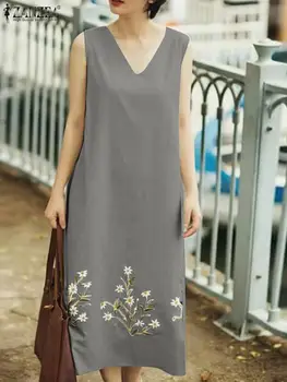 2023 ZANZEA мода флорални бродерия рокля жена случайни плаж Vestidos лято без ръкави V-образно деколте резервоар рокли Sarafans извънгабаритни