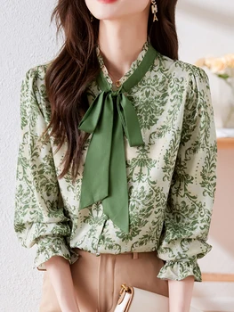 2023 Есенна коприна отпечатани жени блуза елегантни дами нови случайни мода дълъг ръкав Топ реколта шевове лък яка ризи