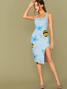 3D рокля пчелна рокля жени животински оглавник без ръкави прекрасен Vestido секси цвете страна цепка рокли дамски дрехи мини вечер