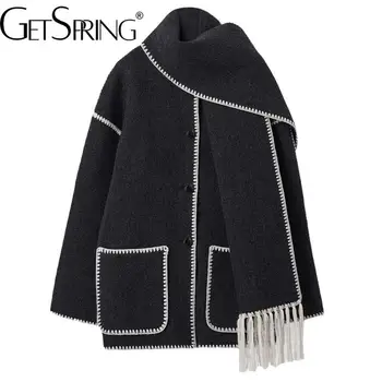 GetSpring Дамски вълнено палто 2023 Есен Зима Нова мода шал яка пискюл пачуърк удебелен хлабав топло дълго вълнено яке