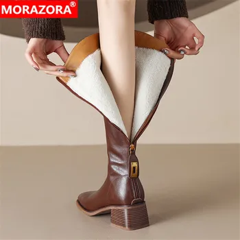 MORAZORA 2023 Нов размер 34-42 естествена кожа топли зимни ботуши жена мода дами коляното високи ботуши вълна смес сняг ботуши