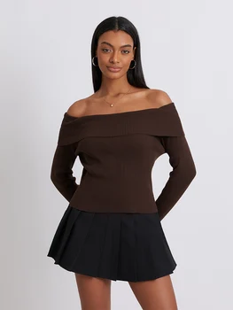Nvzhuang дамски дълъг ръкав от рамото пуловер случайни плетени оребрени джъмпер върхове асиметрични вталени тениски улично облекло