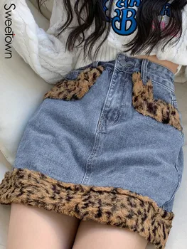 Sweetown корейска мода висока талия деним мини пола леопард подстригване сладък Y2K есен екипировки дамски улично облекло Preppy A линия поли