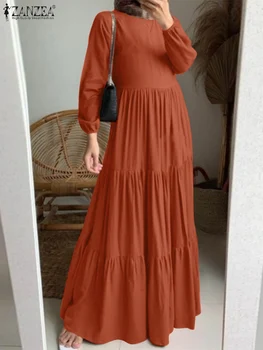 ZANZEA Fashion Eid Mubarek мюсюлманска рокля женски дълъг ръкав O-образно деколте рокли жена елегантен хлабав Дубай Макси роба ислямско облекло