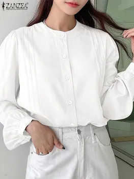 ZANZEA Жените стойка яка върховете шифон риза 2024 пролетта фенер дълъг ръкав блуза елегантен твърди плисирани руси случайни туника