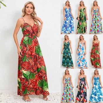 В продажба нова пристигаща плажна пола на Хаваите 2024 лятна външна търговия принт рокля Европейска и американска дамска рокля нов дизайнер