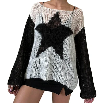 Гръндж пуловер y2k жени естетическо облекло пънк готическа звезда модел куха от рамото дълъг ръкав пуловер 2000s