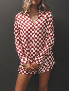 Дамски летни фоайе комплект шахматна дъска печат дълъг ръкав v-образно деколте риза с ластик шорти 2 парчета спално облекло