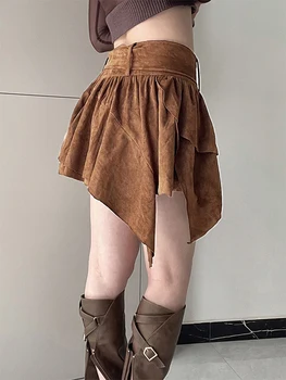 Дамски мини поли плътен цвят неправилен подгъв плисирани поли пролетни къси поли с катарама колан улично облекло