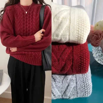 Дамски пуловер 2023 Нов 100% вълна триизмерен усукан кръг врата плътен цвят случайни дълъг ръкав пуловер