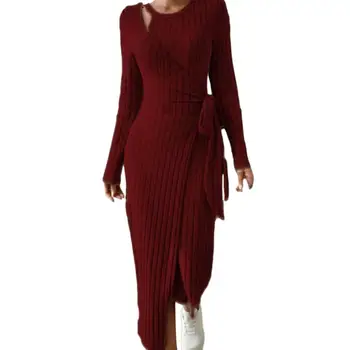 Ежедневни елегантни дамски рокли 2023 Есен Зима Нов дълъг ръкав около врата Сплит плета мода тънък дълга рокля женско облекло