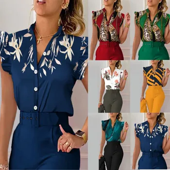 Елегантна дамска блуза Модни ризи 2023 Лято V-образно деколте бутон венчелистче ръкав отпечатани риза офис Commuter женски върхове S-XXL