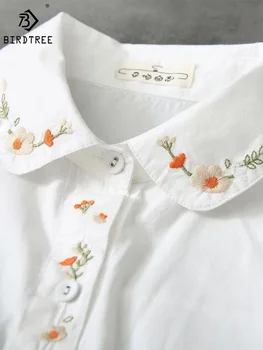Нови памучни бели ризи Жените обръщат яка бродирани дълъг ръкав бутон случайни върховете момиче хлабав блуза есен T37513JM