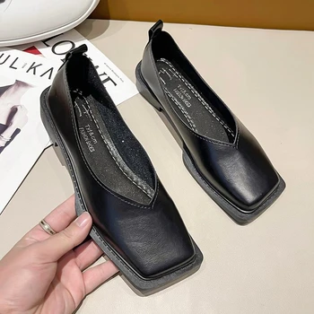 Плоски обувки Дамски квадратни глави единични обувки прост темперамент плоски обувки удобни дамски плоски обувки 35-40 плътен цвят