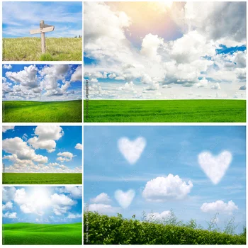 Подпори за естествена пейзажна фотография Зелена трева и синьо небе с бели облаци Фон на снимката Студио подпори 211223 KKLL-02