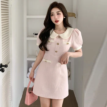 Сладка розова рокля жени бутер къс ръкав Питър Пан яка бутони мини рокли за жени 2023 Корейски мода парти вестидос момиче