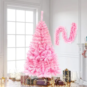 1.5m Glow розово коледно дърво с 6FT Garland X-mas и предварително инсталирани LED светлини Нова година Коледна декорация на дома
