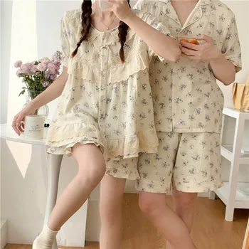 2 парче комплект цветен печат спално облекло удобна дантела принцеса сладък 100% памук жени мъже двойка пижама комплект лято домашно облекло