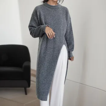 2023 Дамски дълъг пуловер дамски есен зима плътен цвят случайни шик кръг врата суитчъри със странични цепки