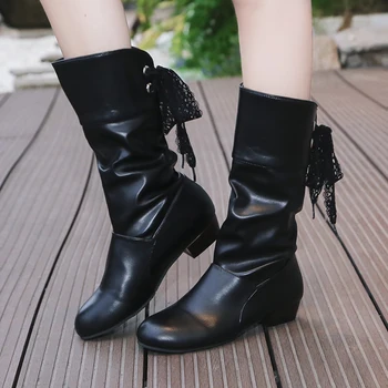 2023 Жените коляното високи ботуши обратно дантела нагоре ниски токчета зимни обувки черен ботус бял Botas Mujer женски сняг обувка плюс размер 35-43