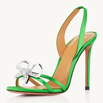 2023 Лято нови жени секси кристал лък сандали отворени пръсти тънки обувки на висок ток банкетно парти сватбени обувки голям размер 43 45 46