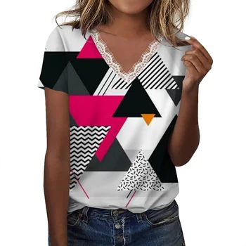 2023 Нова готина мода хлабав дантела v-образно деколте жените тениска случайни графити модел 3D печат център отпечатани дамски къс ръкав