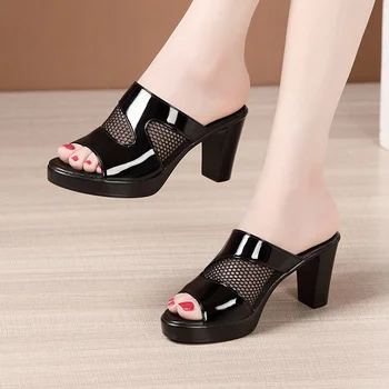 2023 Нови високи токчета дами офис Дамски летни обувки сандали чехъл женски блок петата платформа чехли слайдове