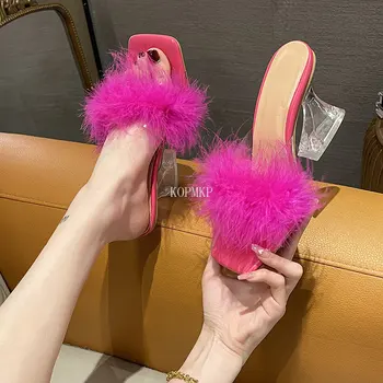 2023 Секси квадратни пръсти прозрачни сандали на висок ток декорация перо нощен клуб дамски обувки отворени пръсти обувки жени сандали плюс 43