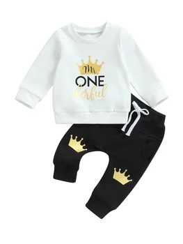 2Pcs бебе момиче рожден ден екипировки дълъг ръкав корона писмо печат суитчър панталони комплект бебешки дрехи
