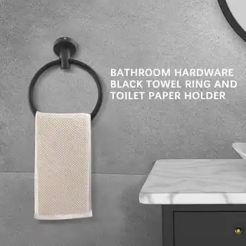 2Pcs Хардуер за баня Черен пръстен за кърпи и държач за тоалетна хартия Неръждаема стомана Държач за кърпи за ръце за баня