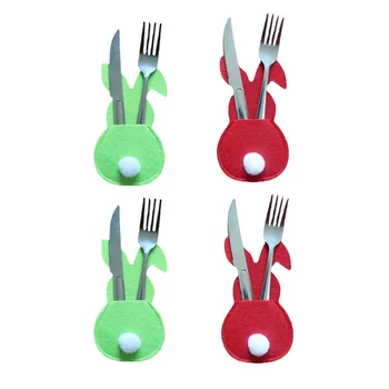 4Pcs Великденски филц зайче прибори чанта нож вилица чанта заек прибори за хранене комплект заек прибори за хранене капак кухня съхранение червено зелено нова чанта