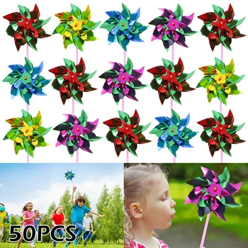 50Pcs цветни въртележка смесен цвят парти въртележки пластмасови DIY тревата вятърна мелница декоративни вятърни спинери за градина двор декор играчка