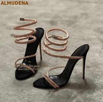 ALMUDENA Gold Silver Crystal Snake Sandals Bling Bling Rhinestone Twisted Straps Party Shoes Блестящи бели черни помпи