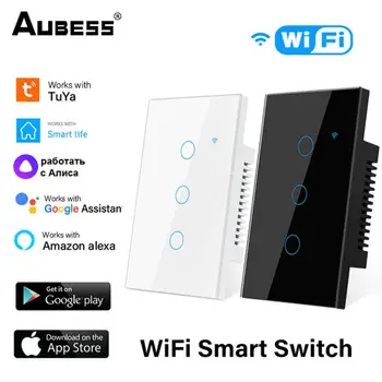 Aubess Smart Life Home House WiFi безжичен дистанционен стенен превключвател САЩ гласов контрол сензор за докосване LED ключове за осветление Alexa Google Home