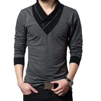 B88313 мода мъже тениска тениска мъже пачуърк v-образно деколте дълъг ръкав тънък годни тениска памук плюс размер 4XL
