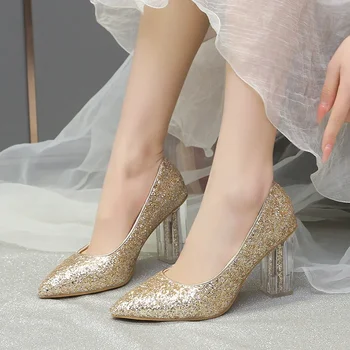 Bling Дамски обувки на високи токчета 2024 Летни заострени пръсти Буци парти обувки Нов дизайнер рокля помпи Femme Луксозен Сапатос елегантен