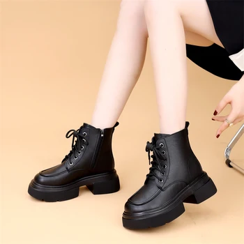 Flat Heel Lady Boots Shoes Round Toe Ankle Med Lolita Leather Autumn Genuine Rock Increased Internal PVC Microfiber Rome Lace-U