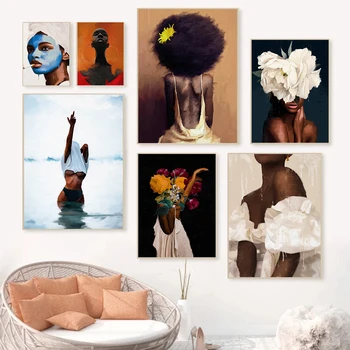 Flower Woman Head Canvas Poster Nordic Black Skin Boho Wall Art Prints Painting Modern Decorative Picture Living Room Decoration
