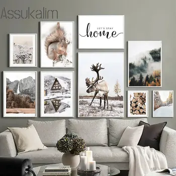 Forest Mountain Fog Canvas Плакат Snow Art Prints Elk Squirrel Print Pictures House Wall Paintings Nordic Posters Home Decor