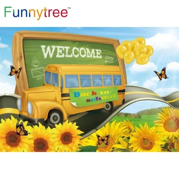 Funnytree Добре дошли отново в училище парти фон автобус пеперуда деца слънчоглед балон черна дъска фотография подпори фон
