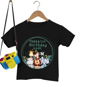 Happy Birthday T-Shirt Black Tee Boys T Shirt Birthday Party Clothes Animal Cartoon Birthday Shirt Custom Tops Kid Girls Tshirt