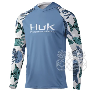 HUK Мъжки ризи за риболов с дълъг ръкав Качулка UV защита Бързо съхнене Ефективност Риболовни ризи Дишащо спортно риболовно джърси
