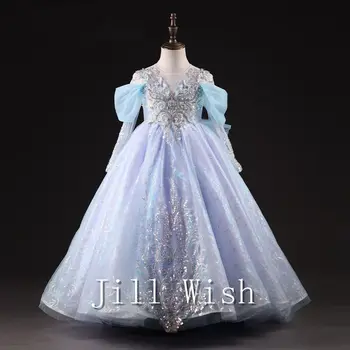Jill Wish Luxury Dubai Sky Blue момиче рокли перли мъниста принцеса вечерна рокля за деца рожден ден сватбено тържество конкурс J035