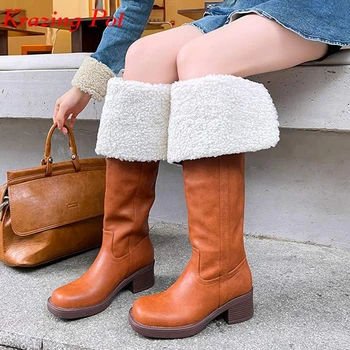 Krazing Pot Cow Split Round Toe Slip On Winter Warm Snow Boots Med Heels Cold-resistant Preppy Style Slip On Thigh High Boots