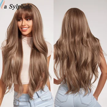 La Sylphide Кафяви руси синтетични перуки с бретон Дълга естествена вълнообразна перука за коса за жени Daily Cosplay Използвайте топлоустойчива коса