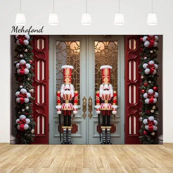 Mehofond Christmas Shop Front Photography Studio Background Toy Soldier Xmas Tree Decor Backdrop Red Door Balloon Kids Portrait
