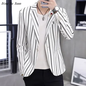 Mens Khaki Black White Striped Blazer Men Wedding Dress Suit Jacket Korean Style Men Formal Business Casual Blazer Hombre