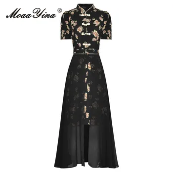 MoaaYina лято моден дизайнер жени дълга рокля реколта черно цвете печат стойка яка нокти топчета бутон шифон снаждане рокля
