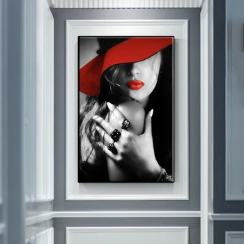 Modern Gray Art Sexy Red Lips Woman Начало Всекидневна Спалня Декорация на стена Плакати и отпечатъци Отпечатано платно